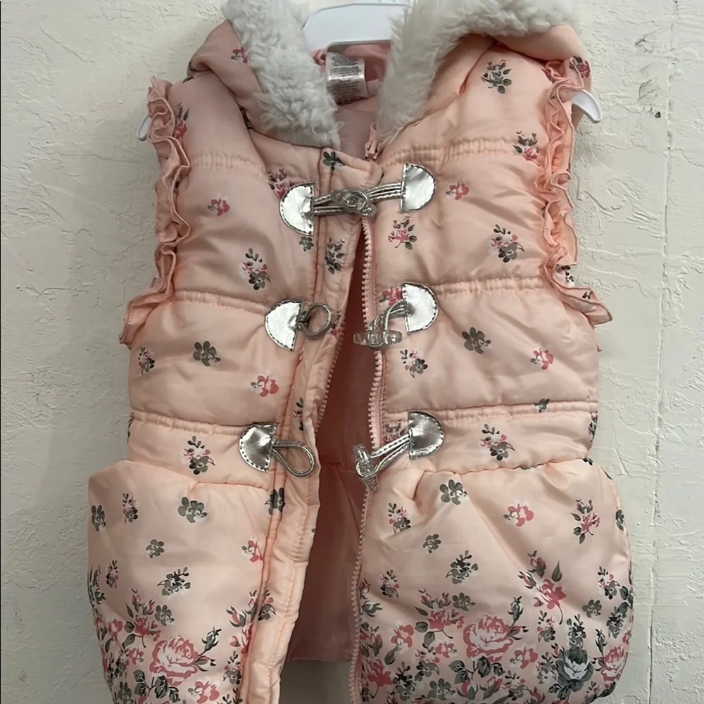 Floral Pink Puffer Vest with Silver Accents